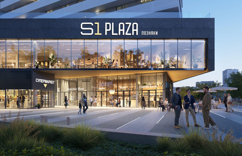 Рендер головного входу S1 Plaza Позняки — двоповерховий торговий центр зі скляним фасадом