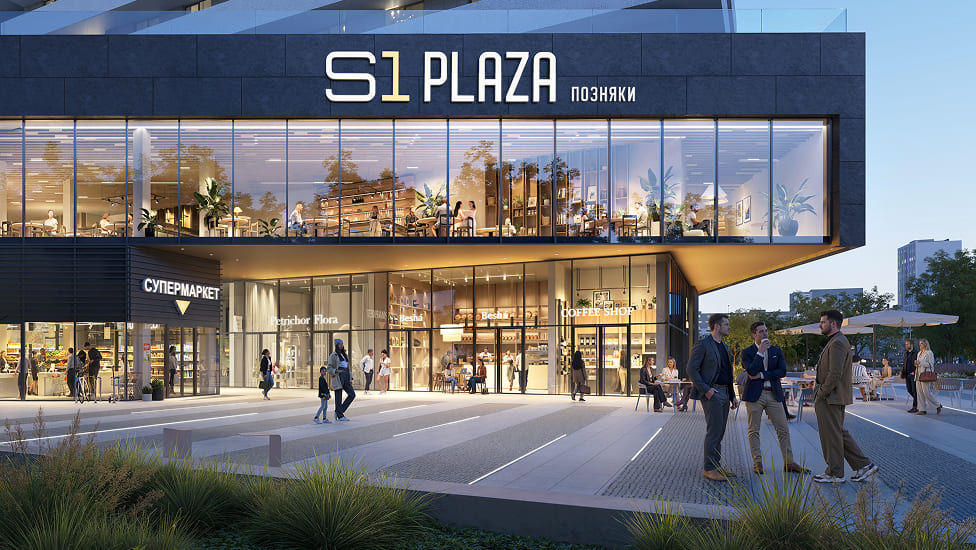 S1 Plaza Позняки — рендер фасаду, ракурс 1